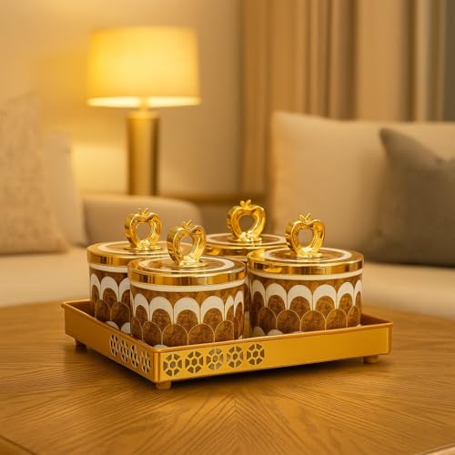 Nabhya Multipurpose Premium Design 4pc Plastic Snack & Dry Fruit Serving Set with Decorative Tray – 4 Elegant Lidded Jars for Nuts, Chocolates, and Sweets (Brown, Pack of 4) - Image 2