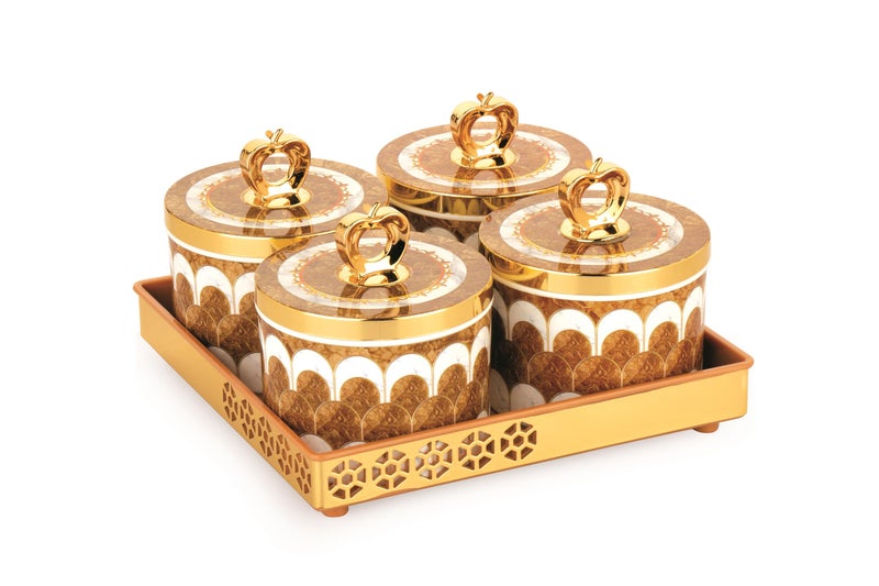 Nabhya Multipurpose Premium Design 4pc Plastic Snack & Dry Fruit Serving Set with Decorative Tray – 4 Elegant Lidded Jars for Nuts, Chocolates, and Sweets (Brown, Pack of 4) - Image 4