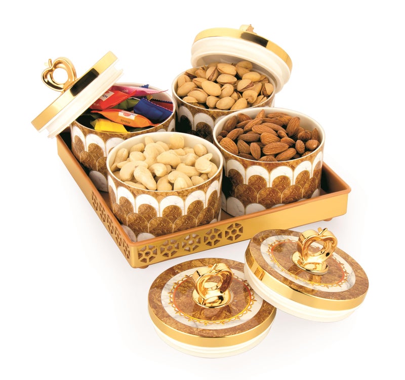 Nabhya Multipurpose Premium Design 4pc Plastic Snack & Dry Fruit Serving Set with Decorative Tray – 4 Elegant Lidded Jars for Nuts, Chocolates, and Sweets (Brown, Pack of 4) - Image 1