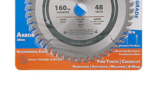 Oshlun SBFT-160048 160mm 48 Tooth FesPro Crosscut ATB Saw Blade with 20mm Arbor for Festool TS 55 EQ, DeWalt DWS520, and Makita SP6000K - Image 3