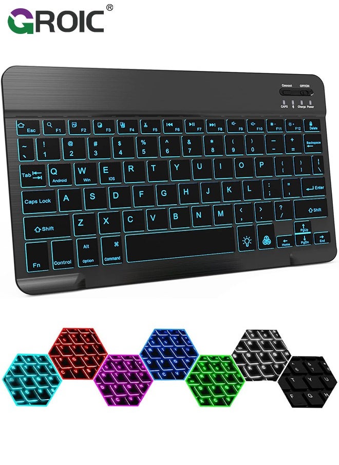 GROIC 7 Color Backlit Bluetooth Black Keyboard for iPad 10th 9th Gen, iPad Pro 12.9 11 inch, iPad Air 5th 4th Generation, iPad Mini iPhone Slim Rechargeable Android Tablet Phone Wireless Keyboard Portable  - Image 1