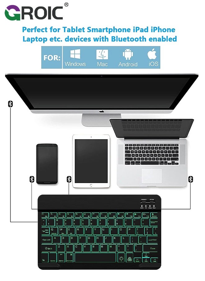 GROIC 7 Color Backlit Bluetooth Black Keyboard for iPad 10th 9th Gen, iPad Pro 12.9 11 inch, iPad Air 5th 4th Generation, iPad Mini iPhone Slim Rechargeable Android Tablet Phone Wireless Keyboard Portable  - Image 2