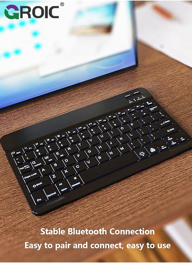 7 Color Backlit Bluetooth Black Keyboard for iPad 10th 9th Gen, iPad Pro 12.9 11 inch, iPad Air 5th 4th Generation, iPad Mini iPhone Slim Rechargeable Android Tablet Phone Wireless Keyboard Portable