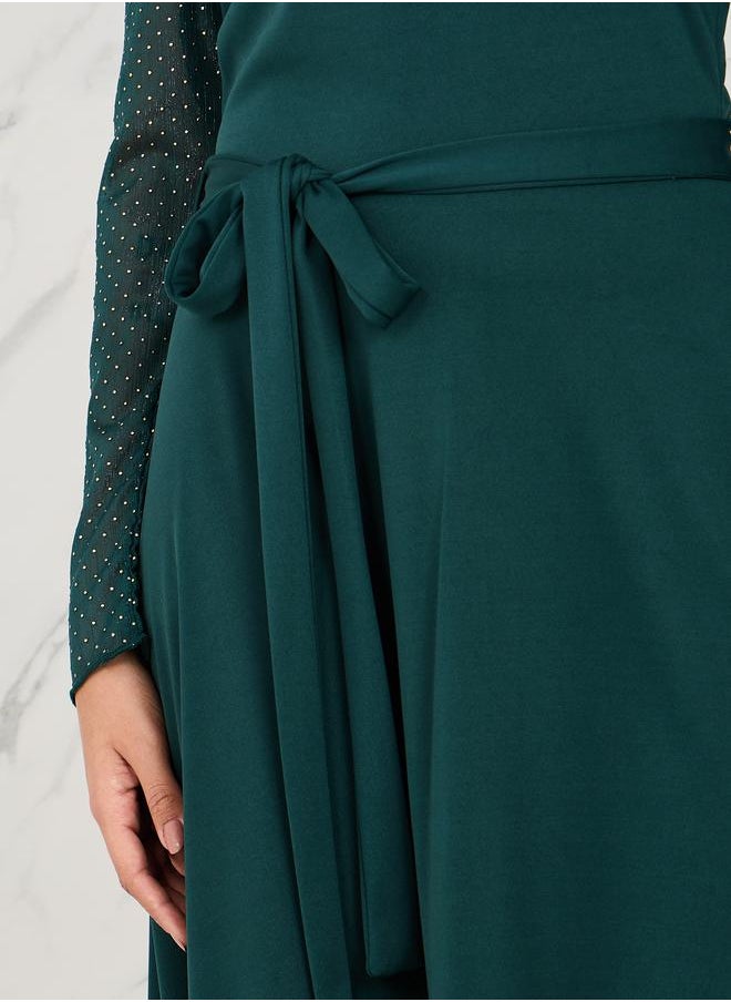 Styli Off Shoulder Embellished Sleeves Asymmetric Hem Midi Dress  - Image 3