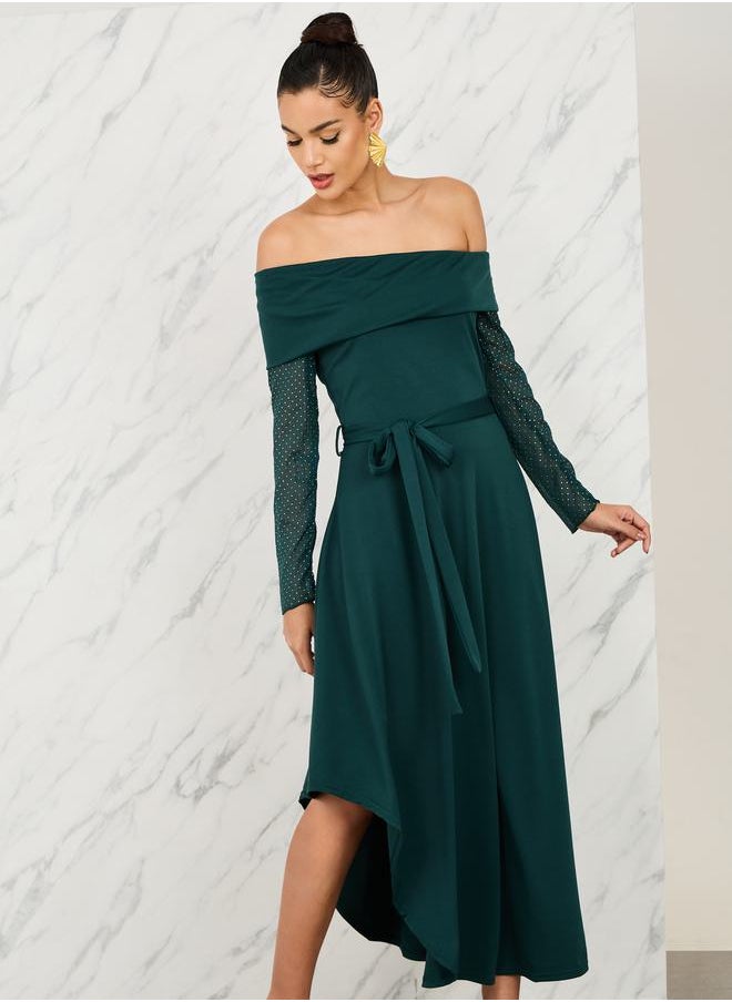 Styli Off Shoulder Embellished Sleeves Asymmetric Hem Midi Dress  - Image 2