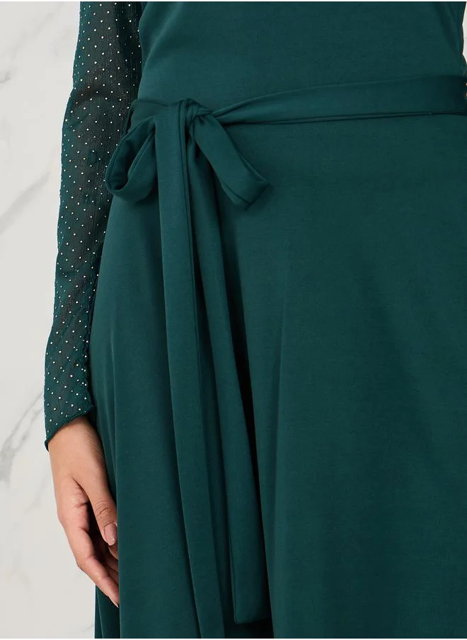 Styli Off Shoulder Embellished Sleeves Asymmetric Hem Midi Dress