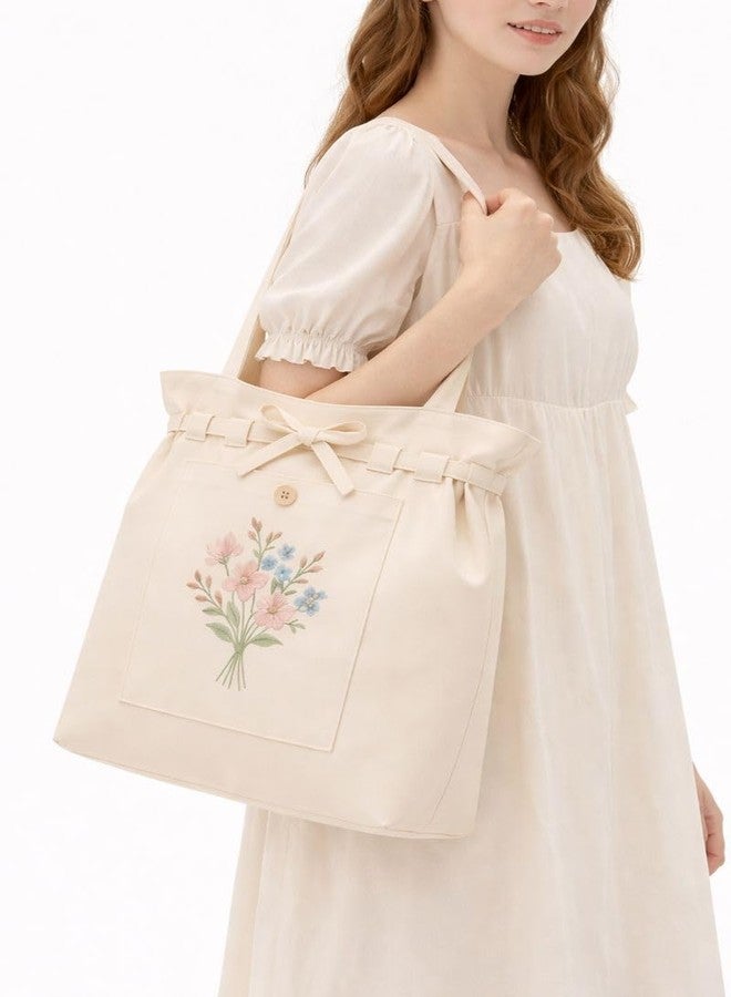 HaveGlam Embroidered Flower Tote Bag with 100% Cotton Lining Inner Pocket Button Detail for Daily Use Travel College Shopping Office & Casual Wear Lightweight Tote for Ladies & Girls (White) - Image 5