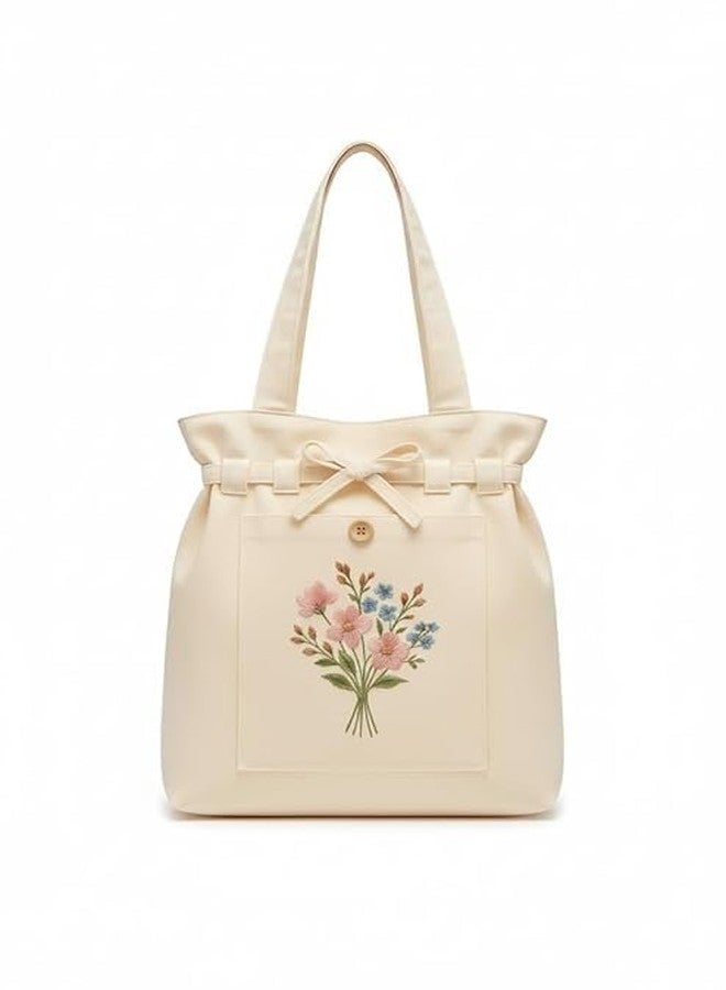 HaveGlam Embroidered Flower Tote Bag with 100% Cotton Lining Inner Pocket Button Detail for Daily Use Travel College Shopping Office & Casual Wear Lightweight Tote for Ladies & Girls (White) - Image 1