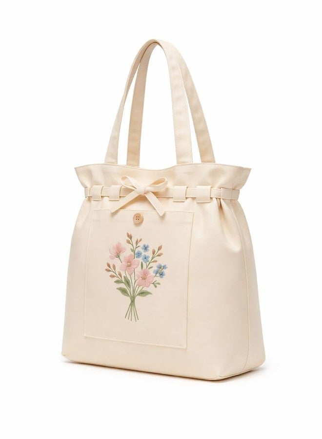 HaveGlam Embroidered Flower Tote Bag with 100% Cotton Lining Inner Pocket Button Detail for Daily Use Travel College Shopping Office & Casual Wear Lightweight Tote for Ladies & Girls (White) - Image 3
