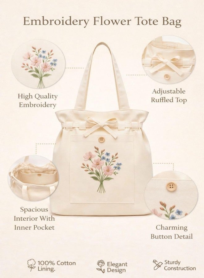 HaveGlam Embroidered Flower Tote Bag with 100% Cotton Lining Inner Pocket Button Detail for Daily Use Travel College Shopping Office & Casual Wear Lightweight Tote for Ladies & Girls (White) - Image 4