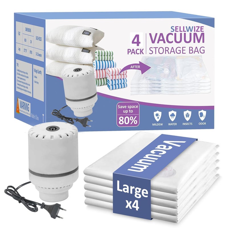 SELLWIZE أكياس تخزين مفرغة مع مضخة كهربائية، 4 عبوات كبيرة، أكياس موفرة للمساحة مع صمام محكم ثلاثي الإغلاق قابلة لإعادة الاستخدام لتخزين الضغط والتعبئة - Image 1