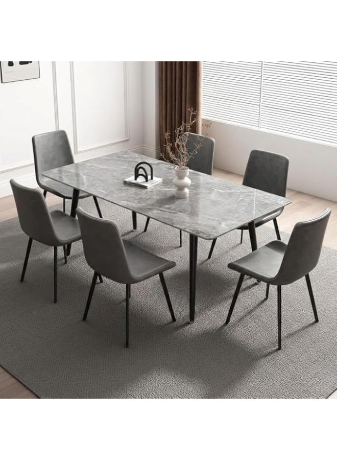 ABX HOME Ribez Dining Table 6 seater Rectangular Dining Set | Sturdy Kitchen Marbel Top Table with Pu Leather Chairs | Dining set 1+6 Seater for Home, Dining Room GREY - Image 1