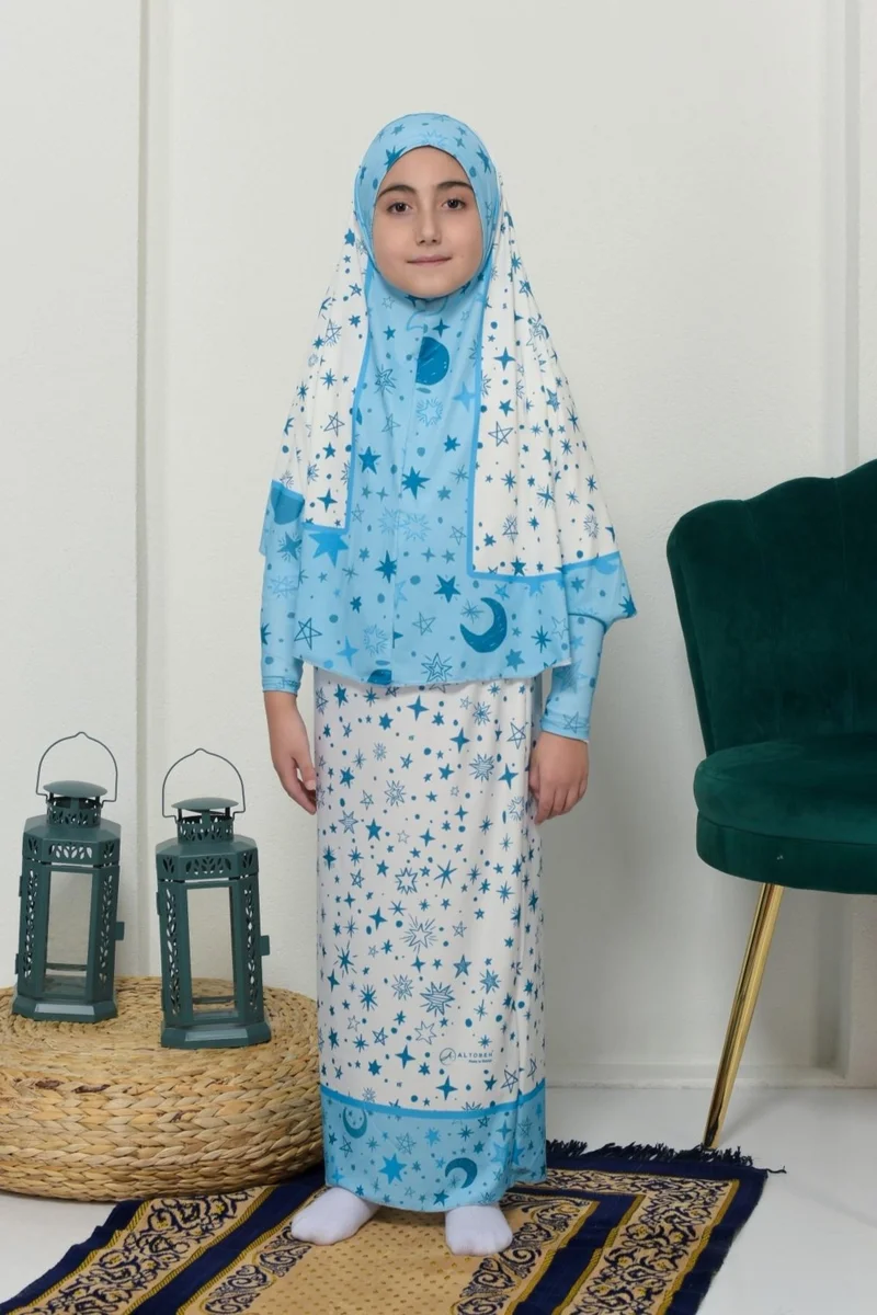 Altobeh Children's Prayer Set Practical Two-Piece Patterned Sleeved Removable Lycra Hijab Dress with Headscarf (6-12 Years Old) 901-0301