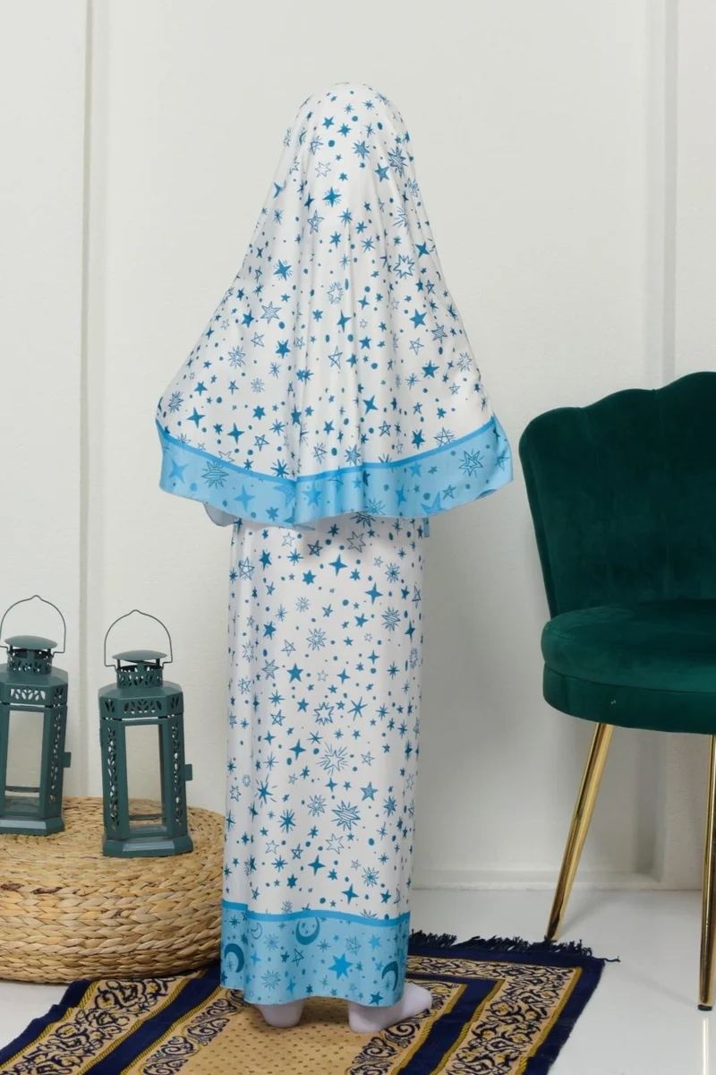 Altobeh Children's Prayer Set Practical Two-Piece Patterned Sleeved Removable Lycra Hijab Dress with Headscarf (6-12 Years Old) 901-0301