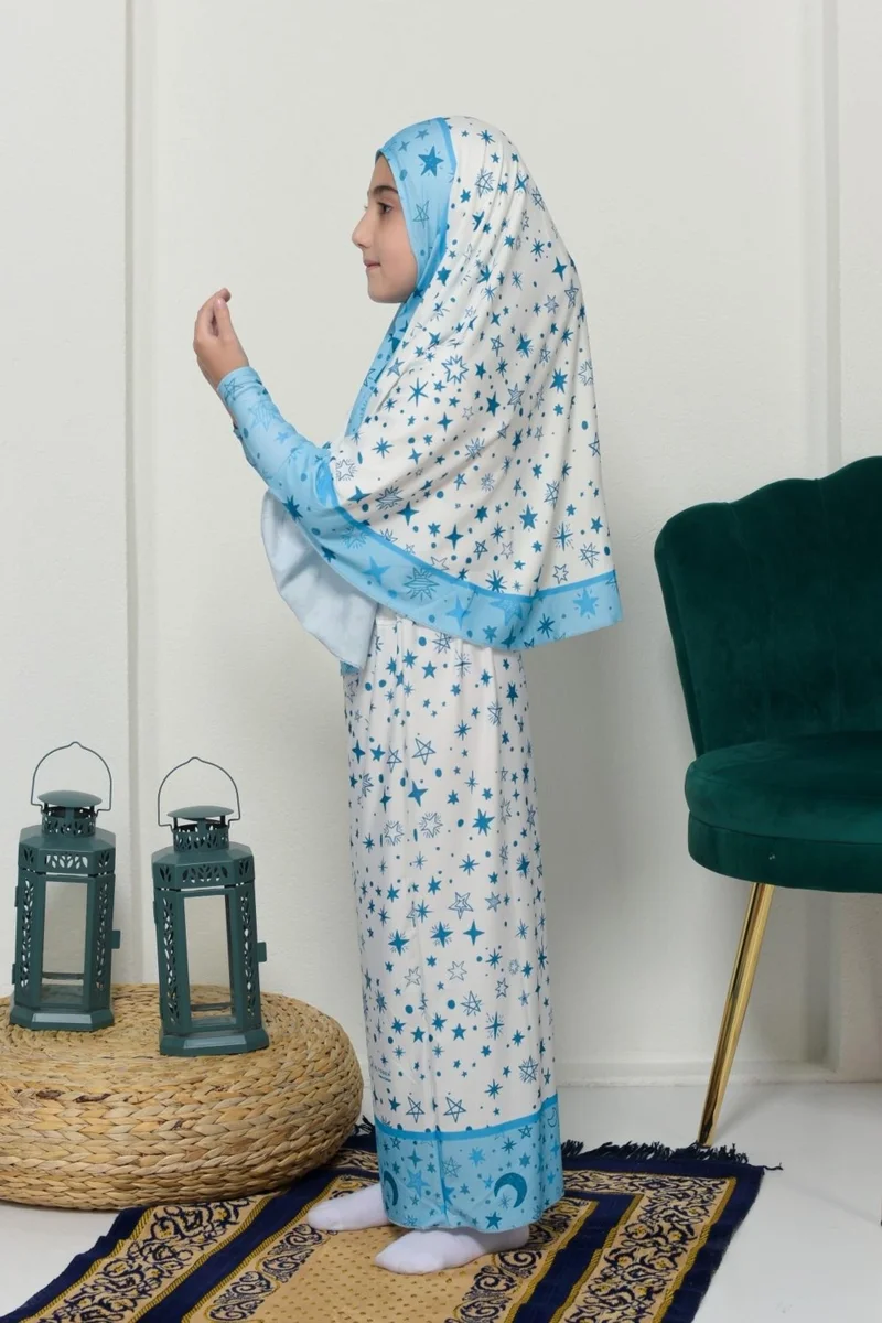Altobeh Children's Prayer Set Practical Two-Piece Patterned Sleeved Removable Lycra Hijab Dress with Headscarf (6-12 Years Old) 901-0301