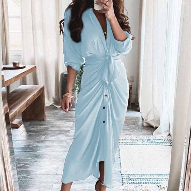 2026 Women's V-Neck Tie Print Dress with Long Sleeves - Image 3