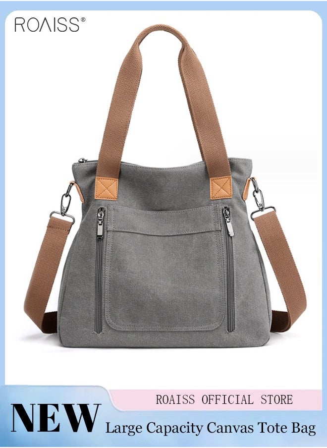 roaiss - Women's Fashion Canvas Tote Bag Large Capacity Multi Pocket Handbag Hardware Practical Fabric - Image 1