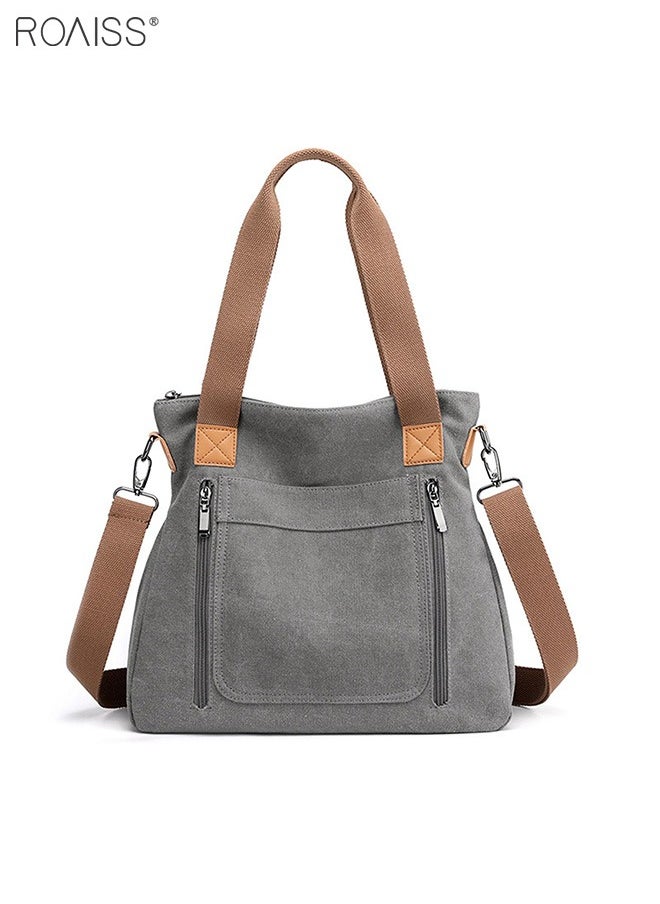 roaiss - Women's Fashion Canvas Tote Bag Large Capacity Multi Pocket Handbag Hardware Practical Fabric - Image 1