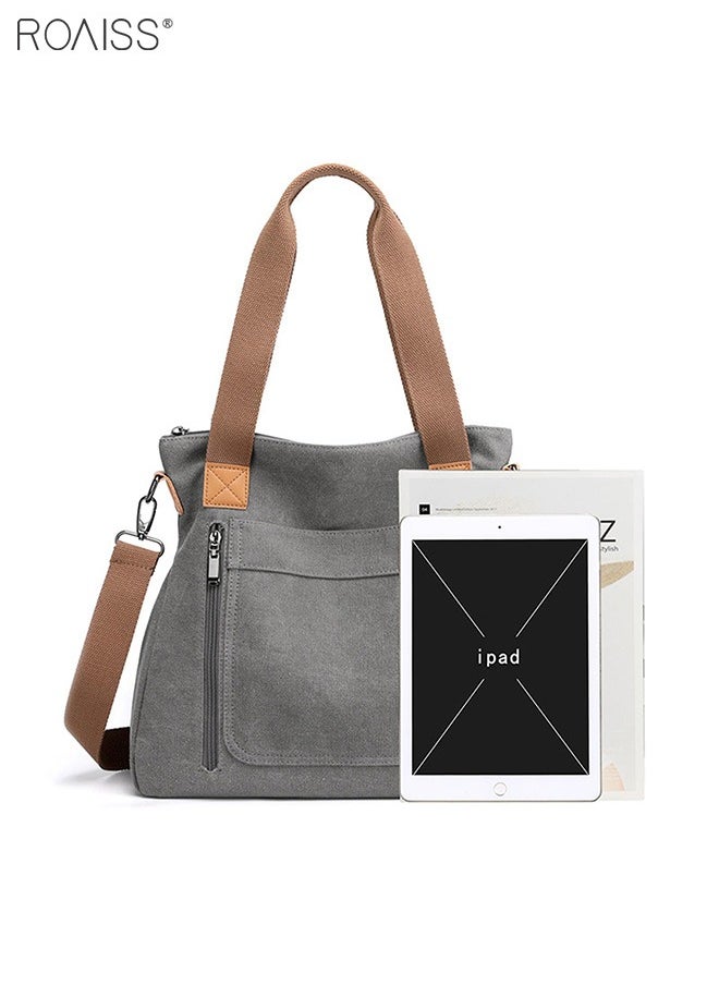 roaiss - Women's Fashion Canvas Tote Bag Large Capacity Multi Pocket Handbag Hardware Practical Fabric - Image 1