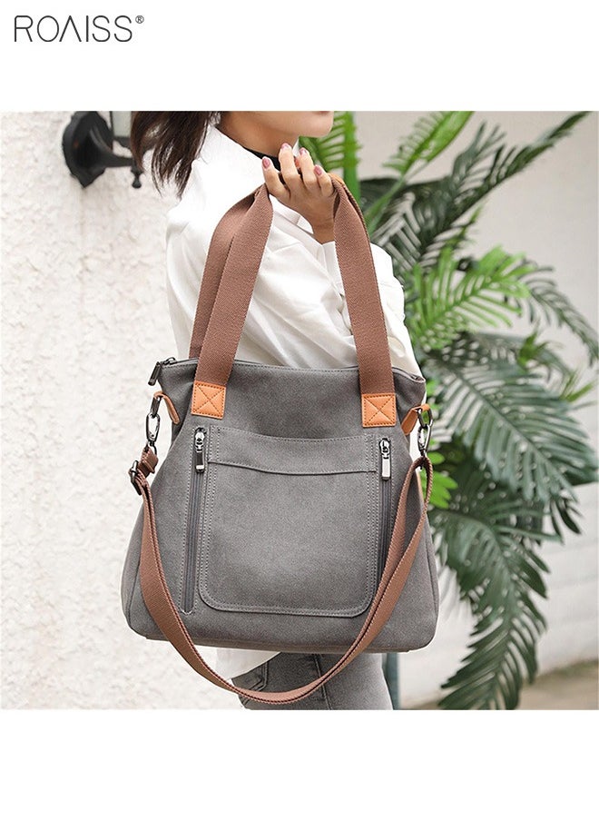roaiss - Women's Fashion Canvas Tote Bag Large Capacity Multi Pocket Handbag Hardware Practical Fabric - Image 1