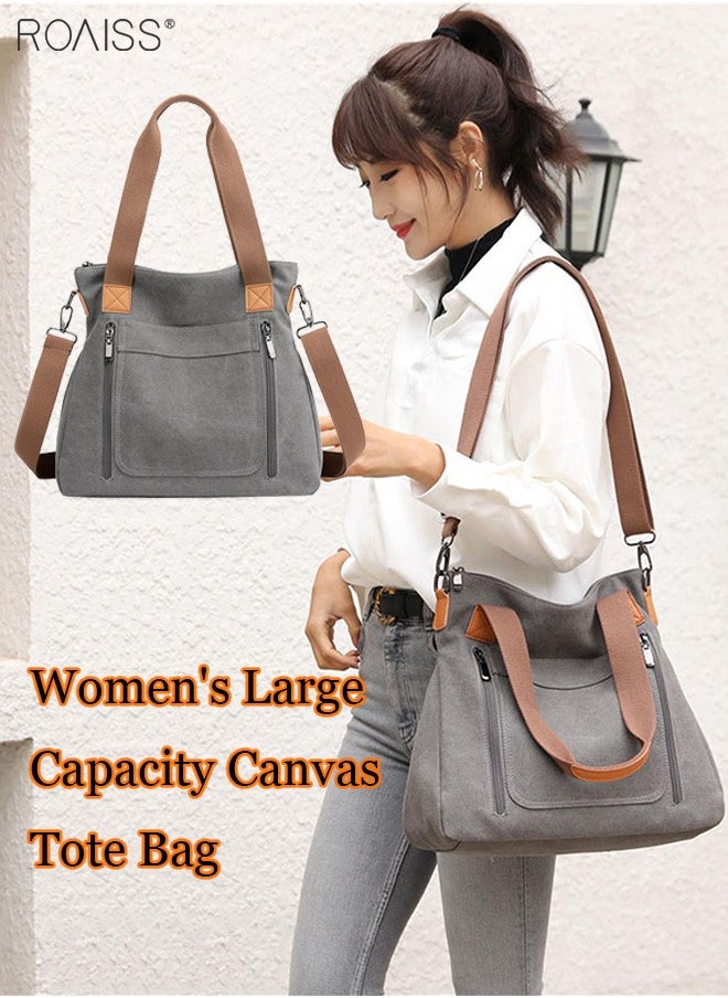 roaiss - Women's Fashion Canvas Tote Bag Large Capacity Multi Pocket Handbag Hardware Practical Fabric - Image 1