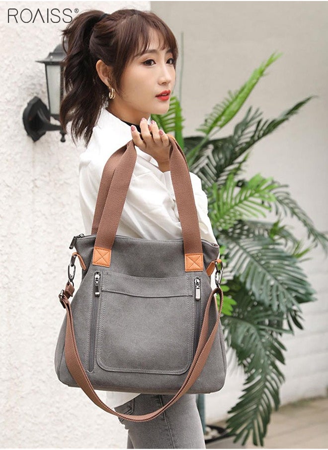 roaiss - Women's Fashion Canvas Tote Bag Large Capacity Multi Pocket Handbag Hardware Practical Fabric - Image 1