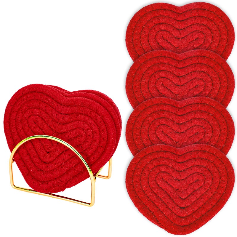 Whaline Heart Coasters Love Heart Shape Handmade Braided Cotton Drink Coasters Red Absorbent Cup Mat with Holder for Mother's Day Valentine's Day Party Home Office Decoration Housewarming, Set of 4 - Image 1