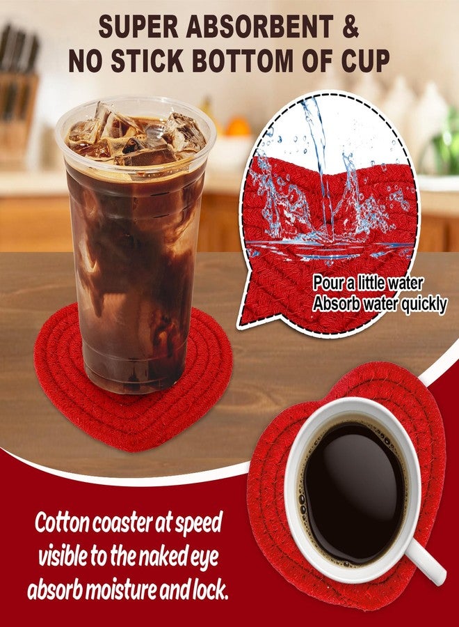 Whaline Heart Coasters Love Heart Shape Handmade Braided Cotton Drink Coasters Red Absorbent Cup Mat with Holder for Mother's Day Valentine's Day Party Home Office Decoration Housewarming, Set of 4 - Image 3