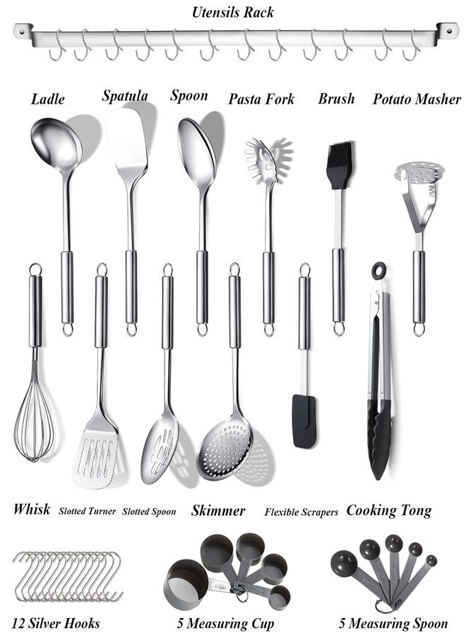 Berglander Kitchen Utensils Set 38 Pieces, Stainless Steel Cooking Utensils Set, Kitchen Gadgets Cookware, Kitchen Tool Set with Utensil Holder Rack And Hooks For Hanging Dishwasher Safe - Image 2
