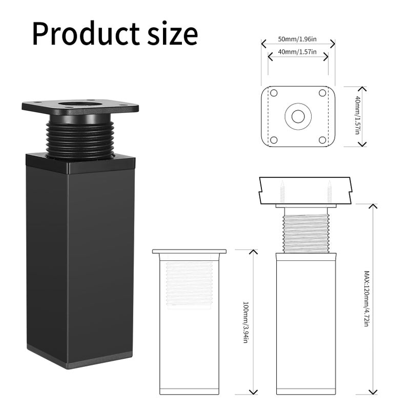 Black Square Furniture Legs - Aluminum Modern Replacement Furniture Legs for Diy Furniture Upgrade, Home Kitchen And Living Room - Image 2