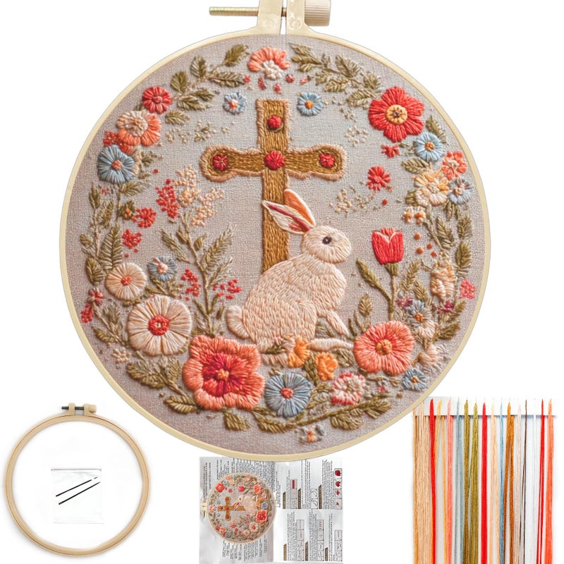 FONNUY Easter Rabbit Floral Cross Embroidery Kit Easter Egg Happy Rabbits Bunny Stamped Pattern Kits for Audlt Beginners Hand Works Crafts 8 x 8 Happy Bunny 02 - Image 3