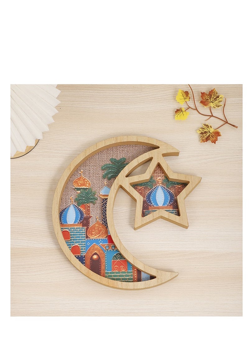 XiuWoo Ramadan Tray Eid Mubarak Tray Ramadan Kareem Moon Star Shape Tray Decoration Islam Wooden Artistic Moon Star Dessert Tray Ramadan Decorations for Table Moon Star Dessert Tray - Image 1