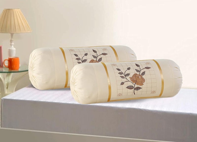 Rj Products Cotton Rose Embroidery Bolsters Covers Set of 2 Piece CreamSkin