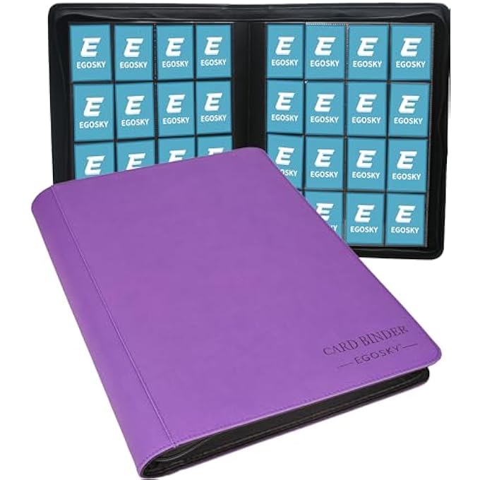 EGOSKY TRADING CARD ALBUM 16 COMPARTMENTS, TRADING CARD FOLDER 1000+ CARDS, LARGE CARDS SCRAPBOOK WITH ZIP, CARD BINDER FOR TRADING CARDS, SPORTS CARDS (PURPLE) - Image 1