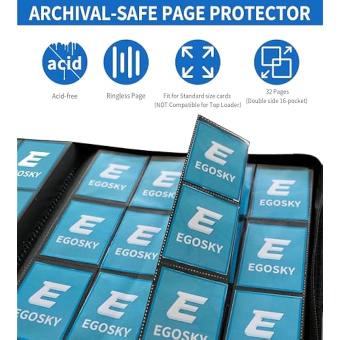 EGOSKY TRADING CARD ALBUM 16 COMPARTMENTS, TRADING CARD FOLDER 1000+ CARDS, LARGE CARDS SCRAPBOOK WITH ZIP, CARD BINDER FOR TRADING CARDS, SPORTS CARDS (PURPLE) - Image 4