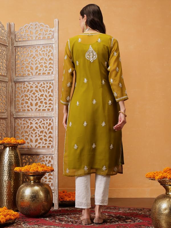 Ada Women Georgette Regular Fit Hand Embroidered Lucknowi Chikankari Kurti Kurta with Slip with Gotapatti Work A411354 Olive Green (S) - Image 2