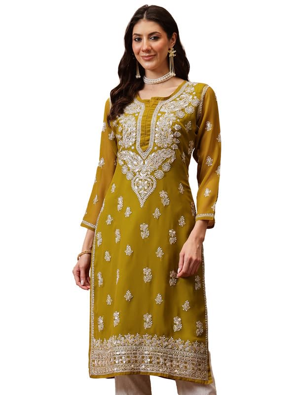 Ada Women Georgette Regular Fit Hand Embroidered Lucknowi Chikankari Kurti Kurta with Slip with Gotapatti Work A411354 Olive Green (S) - Image 1