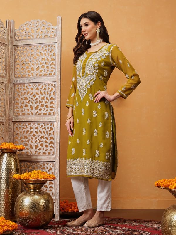 Ada Women Georgette Regular Fit Hand Embroidered Lucknowi Chikankari Kurti Kurta with Slip with Gotapatti Work A411354 Olive Green (S) - Image 4