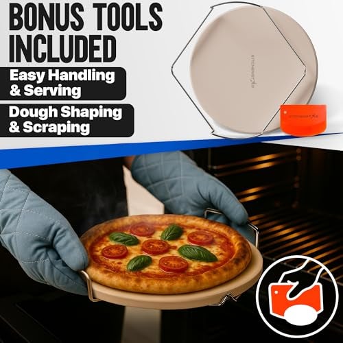 kitchen-star KitchenStar 14-inch Pizza Stone for Oven and BBQ Grill with Handles, Round, 5/8" Thick - Natural Cordierite, 1800 °F Resistant, Baking Stone Set with Stainless Steel Rack & Plastic Scraper Tool - Image 5