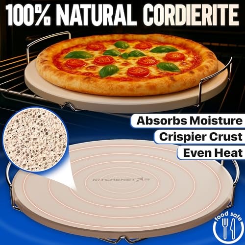 kitchen-star KitchenStar 14-inch Pizza Stone for Oven and BBQ Grill with Handles, Round, 5/8" Thick - Natural Cordierite, 1800 °F Resistant, Baking Stone Set with Stainless Steel Rack & Plastic Scraper Tool - Image 3