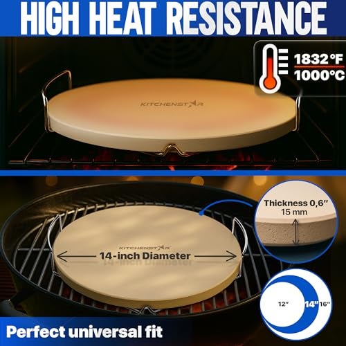 kitchen-star KitchenStar 14-inch Pizza Stone for Oven and BBQ Grill with Handles, Round, 5/8" Thick - Natural Cordierite, 1800 °F Resistant, Baking Stone Set with Stainless Steel Rack & Plastic Scraper Tool - Image 4