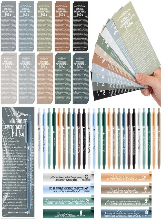 Feifeiya 25 Sets Christian Gift Bulk Christian Pens Bible Verse Emergency Numbers Bookmarks Welcome Church Pastor Appreciation Gift for Coworker Sunday School Favors(Boho Color,Spanish) - Image 1