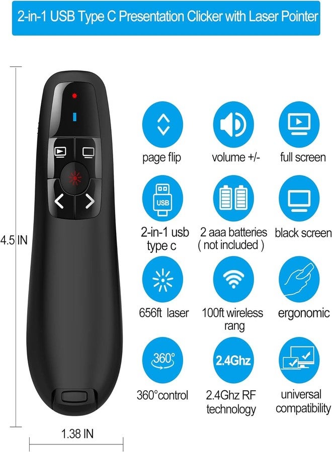 rts 2-in-1 Type C USB Wireless Laser Pointer Presenter for Presentation PPT Slide Changer Remote Clicker with Volume Control PowerPoint Clicker with for Google Slide Mac MacBook Laptop PC Computer - Image 5