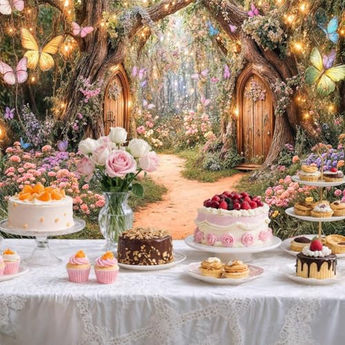 DeeCabin 7X5ft Enchanted Forest Backdrop Fairy Tale Magic Garden Wonderland Floral Butterfly Photography Background for Kids Girls Baby Shower Birthday Party Decoration Cake Table Photo Booth Props - Image 5
