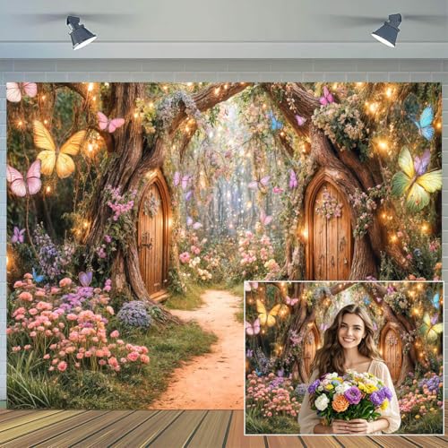 DeeCabin 7X5ft Enchanted Forest Backdrop Fairy Tale Magic Garden Wonderland Floral Butterfly Photography Background for Kids Girls Baby Shower Birthday Party Decoration Cake Table Photo Booth Props - Image 1