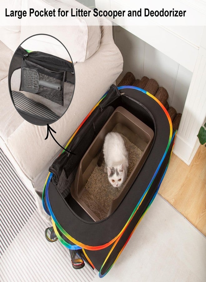 LUCKITTY صندوق فضلات القطط المحمول من لاكيتي، صندوق فضلات مخفي قابل للطي مع جيب كبير لغرفة المعيشة أو غرفة النوم، مصنوع من قماش أكسفورد المقاوم للماء وشبكة مسامية، أسود-قوس قزح، 32 بوصة طول × 19 بوصة عرض × 19 بوصة ارتفاع - Image 5