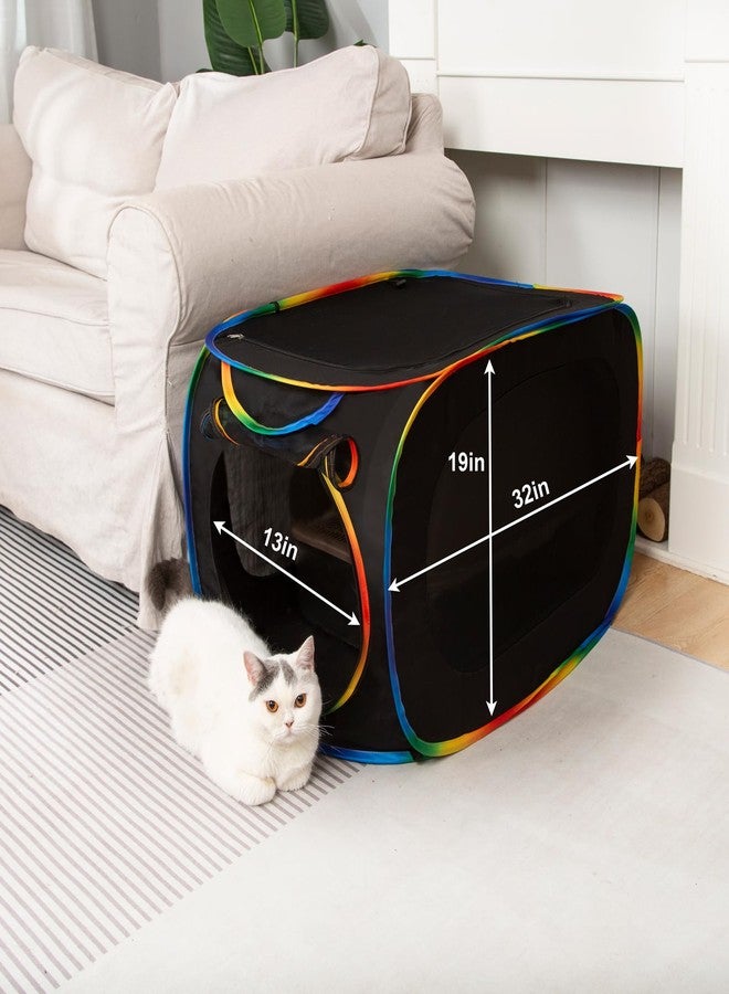 LUCKITTY صندوق فضلات القطط المحمول من لاكيتي، صندوق فضلات مخفي قابل للطي مع جيب كبير لغرفة المعيشة أو غرفة النوم، مصنوع من قماش أكسفورد المقاوم للماء وشبكة مسامية، أسود-قوس قزح، 32 بوصة طول × 19 بوصة عرض × 19 بوصة ارتفاع - Image 2