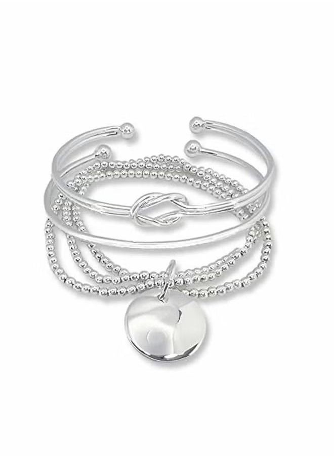 Generic 3 Pieces Stacking Bracelet Set for Women with Silver Beaded Bracelet Knot Cuff Bangle and Torque Cuff Bangle Bracelets Jewellery Gift for Her  - Image 1
