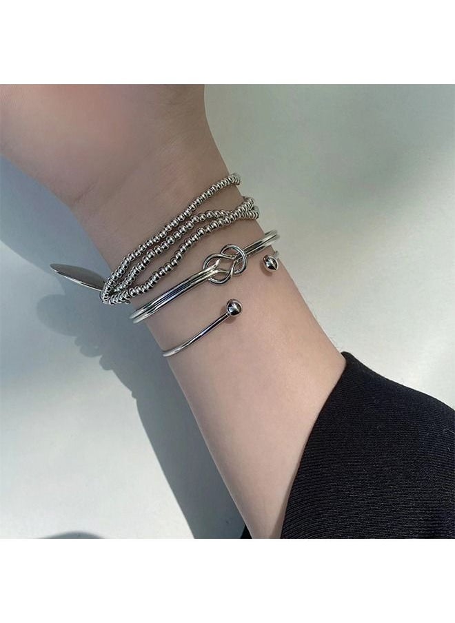 Generic 3 Pieces Stacking Bracelet Set for Women with Silver Beaded Bracelet Knot Cuff Bangle and Torque Cuff Bangle Bracelets Jewellery Gift for Her  - Image 4