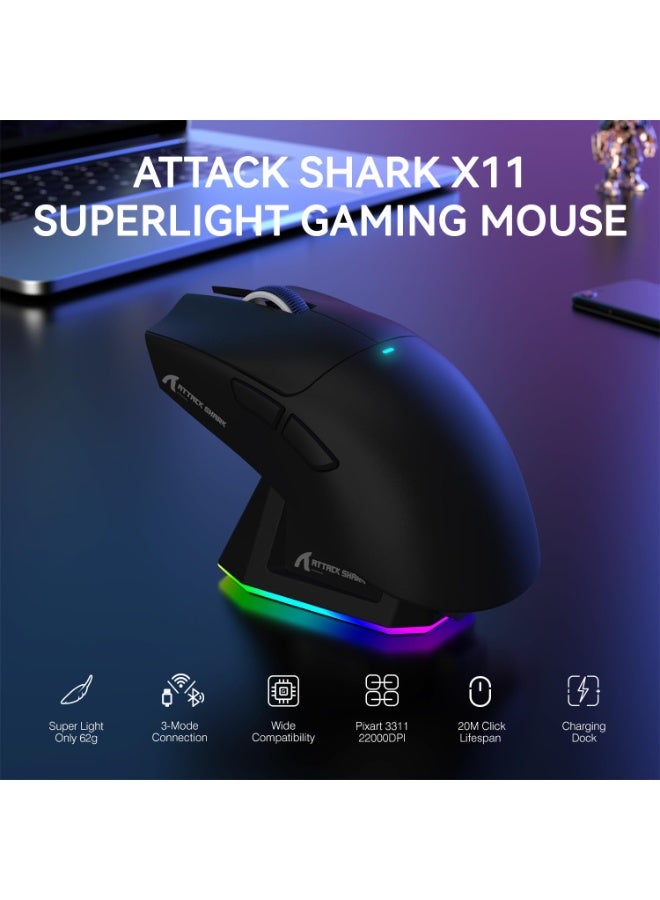 Attack Shark ATTACK SHARK X11 Lightweight Wireless Gaming Mouse with RGB Charging Dock,Tri-Mode-2.4G/USB-C Wired/BT,22K DPI,PAW3311 Optical Sensor,HUYU Switch, 5 programmable Buttons for PC/Mac(Black)  - Image 2